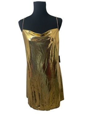 Express Metallic Gold Cowl Neck Mini Slip Dress